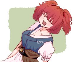 Rule 34 | 1girl, breasts, closed eyes, coin, collarbone, commentary, eik s2, green background, hair bobbles, hair ornament, highres, obi, onozuka komachi, open mouth, red hair, sash, short hair, short sleeves, smile, solo, touhou, two side up, upper body