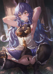 Rule 34 | 1girl, animal ears, armpits, arms behind head, bare shoulders, black footwear, black thighhighs, blue hair, blue skirt, blush, boots, breasts, dress, earrings, erune, female pubic hair, ferry (granblue fantasy), granblue fantasy, high heel boots, high heels, ibuki notsu, jewelry, knee boots, long hair, looking to the side, medium breasts, nipple slip, nipples, pubic hair, pussy, single earring, skirt, solo, squatting, thighhighs, thighhighs under boots, wavy hair, white dress, yellow eyes