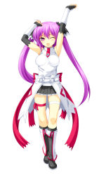 Rule 34 | 1girl, armpits, arms up, bare shoulders, beatmania, beatmania iidx, belt, belt skirt, boots, elbow gloves, fingerless gloves, frills, gloves, highres, kinoshita ichi, knee boots, long hair, looking at viewer, miniskirt, mizushiro celica, one eye closed, open mouth, original, pleated skirt, purple eyes, purple hair, ribbon, shirt, simple background, skirt, sleeveless, smile, solo, twintails, white background