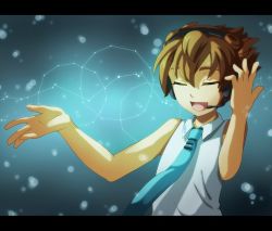 Rule 34 | 1boy, bad id, bad pixiv id, brown hair, cosplay, cr72, closed eyes, hatsune miku, hatsune miku (cosplay), headset, inazuma eleven (series), inazuma eleven go, letterboxed, male focus, matsukaze tenma, necktie, open mouth, short hair, sleeveless, solo, vocaloid