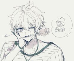 Rule 34 | 1boy, ;), amami rantaro, danganronpa (series), danganronpa v3: killing harmony, flower, flower in mouth, hand on own cheek, hand on own face, jewelry, looking at viewer, male focus, messy hair, mouth hold, necklace, one eye closed, open mouth, raonal97, rose, saihara shuichi, shirt, sketch, smile, solo focus, spoken character, striped clothes, striped shirt, upper body