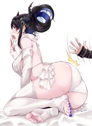Rule 34 | 2girls, absurdres, artist name, ass, black hair, blue hair, blue nail polish, blue nails, blush, breasts, feet, fingerless gloves, gloves, hair ornament, hair up, highres, hololive, hololive english, horns, huge ass, jewelry, kivo, large breasts, meme attire, mole, mole under eye, motion lines, multicolored hair, multiple girls, nail polish, nerissa ravencroft, open mouth, out of frame, red eyes, ring, shiori novella, sideboob, sitting, spanked, spanking, toeless legwear, toenail polish, toenails, toes, virgin destroyer sweater, virtual youtuber
