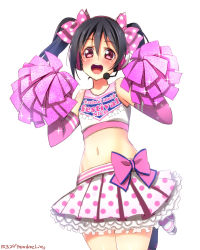 Rule 34 | 1girl, black hair, black legwear, blush, bow, cheerleader, copyright name, crop top, dated, detached sleeves, flat chest, hair between eyes, hair bow, headphones, headset, highres, jumping, layered skirt, leg up, long hair, long sleeves, looking at viewer, love live!, love live! school idol project, microphone, midriff, miniskirt, navel, one-hour drawing challenge, pink bow, pink sleeves, polka dot, polka dot skirt, pom pom (cheerleading), print bow, red eyes, shoes, simple background, skirt, sneakers, solo, star (symbol), star print, stomach, tank top, twintails, white background, white skirt, yazawa nico, yu-ta
