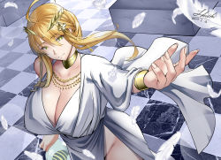 Rule 34 | 1girl, absurdres, ahoge, artoria pendragon (all), artoria pendragon (fate), artoria pendragon (lancer) (fate), artoria pendragon (swimsuit ruler) (dream portrait) (fate), artoria pendragon (swimsuit ruler) (fate), blonde hair, bracelet, braid, breasts, checkered floor, cleavage, crown, dress, fate/grand order, fate (series), feathers, french braid, green eyes, hair between eyes, highres, huge breasts, jewelry, long hair, looking at viewer, neck ring, necklace, outstretched arm, pelvic curtain, sash, shiki (love-saber), sidelocks, smile, solo, white dress
