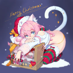Rule 34 | 1girl, ahoge, animal ear fluff, animal ears, arm rest, ass, bare shoulders, bent over, blue background, blue eyes, blurry, blush, bow, box, candy, candy cane, cat ears, cat tail, christmas, crop top, depth of field, doll, fiodo, food, full body, fur-trimmed legwear, fur trim, hair between eyes, hair ribbon, hat, heart, highres, kneeling, long hair, long sleeves, looking at viewer, merry christmas, nail polish, no shoes, off shoulder, original, panties, pink hair, purple hair, red hair, red hat, ribbon, santa hat, sleeves past wrists, solo, striped clothes, striped thighhighs, sweater, tail, thighhighs, thighs, underwear, white sweater, yellow bow, yellow nails, yellow panties