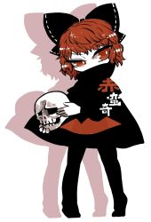 Rule 34 | 1girl, black bow, bow, cape, colored shadow, covered mouth, hair bow, high collar, holding, long sleeves, no nose, pantyhose, red eyes, red hair, sekibanki, shadow, short hair, skull, solo, touhou, white background, yt (wai-tei)