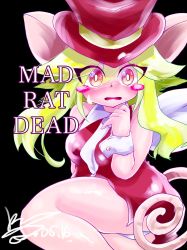 Rule 34 | 1girl, animal ears, blush stickers, breasts, green hair, hat, highres, leotard, mad rat dead, mouse (animal), mouse ears, mouse girl, mouse tail, nippon ichi, rat god, red eyes, tail, tie clip, top hat, wings, wrist cuffs