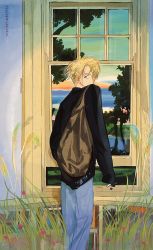 Rule 34 | 1boy, backpack, bag, black shirt, blonde hair, feleven, highres, long sleeves, looking at viewer, looking back, male focus, one piece, plant, sanji (one piece), shirt, solo, window, windowsill