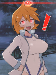 Rule 34 | !, 1girl, absurdres, alpha pokemon, blue background, blush, breasts, collared jacket, covered navel, cowboy shot, creatures (company), dot nose, fang, female focus, game freak, green eyes, hair between eyes, hand on own hip, highres, jacket, jacket over swimsuit, jitome, kurachi mizuki, large breasts, legs, long sleeves, misty (pokemon), navel, night, nintendo, one-piece swimsuit, open clothes, open jacket, open mouth, orange hair, pokemon, pokemon hgss, pokemon legends: arceus, red eyes, short hair, smile, solo, sweat, sweatdrop, swimsuit, teeth, thighs, upper teeth only, v-shaped eyebrows, white one-piece swimsuit