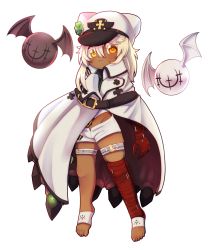 Rule 34 | 1girl, absurdres, bandages, barefoot, bat wings, blonde hair, cape, chibi, clover, dark-skinned female, dark skin, dungeon toaster, four-leaf clover, guilty gear, guilty gear strive, hat, highres, lucifero (guilty gear), ramlethal valentine, shorts, transparent background, white headwear, wings, yellow eyes