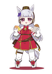 Rule 34 | 1girl, :d, animal ears, bare shoulders, blunt bangs, blush, boots, bow, brown hat, chibi, colored shadow, commentary request, dress, ear covers, food, full body, gloves, gold ship (umamusume), grey hair, hair bow, hat, highres, holding, holding food, horse ears, horse girl, horse tail, knee boots, long hair, looking at viewer, mini hat, nozo (hitomiz), open mouth, pantyhose, purple bow, purple eyes, red bow, red dress, rubik&#039;s cube, shadow, sleeveless, sleeveless dress, smile, solo, standing, tail, taiyaki, umamusume, v-shaped eyebrows, very long hair, wagashi, white background, white footwear, white gloves, white pantyhose