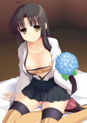 Rule 34 | 10s, 1girl, ahoge, arm support, bandeau, bed sheet, black hair, black skirt, blunt bangs, bouquet, breasts, brown eyes, cleavage, collarbone, flower, holding, holding flower, hydrangea, indoors, japanese clothes, kantai collection, katagiri chisato, kimono, large breasts, long hair, long sleeves, looking at viewer, nipple slip, nipples, open clothes, open kimono, pleated skirt, shouhou (kancolle), sitting, skirt, smile, solo, striped, thighhighs, very long hair, wide sleeves, wooden floor, yellow thighhighs, yokozuwari, zettai ryouiki