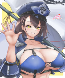 Rule 34 | 1girl, absurdres, azur lane, baltimore (azur lane), baltimore (finish line flagbearer) (azur lane), bikini, black choker, blue bikini, blue hat, braid, breasts, brown hair, choker, cleavage, collarbone, commentary, cropped jacket, denim, flag, french braid, hair between eyes, hand up, hat, highres, holding, holding pole, jacket, jeans, large breasts, looking at viewer, open clothes, open hand, open jacket, pants, parted lips, peaked cap, pole, pon niki ode, race queen, short hair, sidelocks, signature, smile, solo, standing, stomach, swimsuit, twitter username, underboob, underbust, upper body, yellow eyes