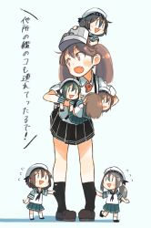 Rule 34 | 10s, 6+girls, bad id, bad twitter id, black hair, black skirt, brown hair, carrying, carrying under arm, climbing, commentary request, error musume, fairy (kancolle), fang, flying sweatdrops, grey hair, hair between eyes, hair ribbon, hand up, hanging, hat, kantai collection, kitsuneno denpachi, looking back, magatama, multiple girls, open mouth, outstretched arms, pleated skirt, ponytail, ribbon, ryuujou (kancolle), sailor collar, sailor hat, sailor shirt, school uniform, serafuku, shirt, short hair, sketch, skirt, smile, sock pull, socks, suspenders, translation request, twintails, visor cap, white shirt