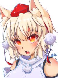 Rule 34 | 1girl, animal ears, commentary, dated, fang, hat, highres, inubashiri momiji, looking at viewer, open mouth, otomen maru-no-uchi, pom pom (clothes), red hat, short hair, signature, skin fang, solo, symbol-only commentary, tokin hat, touhou, upper body, white hair, wolf ears, wolf girl
