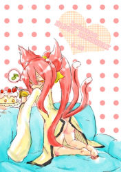 Rule 34 | 1girl, animal ears, arc system works, ass, barefoot, blazblue, boh (pixiv422546), cake, cat ears, cat girl, cat tail, couch, feet, female focus, food, full body, glasses, kokonoe (blazblue), lab coat, long hair, looking back, multiple tails, pink hair, ponytail, ribbon, solo, tail, yellow ribbon