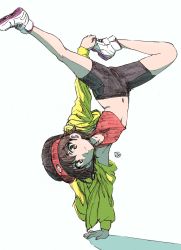 Rule 34 | 1girl, artist name, bad id, bad twitter id, baseball cap, bike shorts, black hat, black shorts, breakdance, brown eyes, brown hair, casual, closed mouth, commentary, crop top, erakin, girls und panzer, handstand, hat, highres, isobe noriko, jacket, long sleeves, looking at viewer, midriff, navel, no socks, one arm handstand, red shirt, shadow, shirt, shoes, short hair, short shorts, shorts, signature, simple background, sketch, smile, sneakers, solo, tank top, traditional media, white background, white footwear, yellow jacket