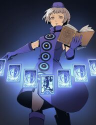 Rule 34 | blue background, blue dress, blue footwear, blue gloves, blue hat, bob cut, book, boots, brown pantyhose, card, closed mouth, commentary request, dress, elizabeth (persona), floating, floating object, gloves, grey hair, hat, highres, holding, holding book, lips, looking at viewer, pantyhose, persona, persona 3, pink lips, pppppknw, short hair, sleeveless, sleeveless dress, twitter username, yellow eyes