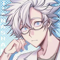 Rule 34 | 1boy, blue eyes, brown shirt, chinese commentary, closed mouth, commentary request, constricted pupils, glasses, hair between eyes, hand up, kanou aogu, lab coat, male focus, open clothes, portrait, saibou shinkyoku, semi-rimless eyewear, shirt, short hair, solo, white hair, yan jin (iziyinqingtongdidiyo)