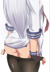 Rule 34 | 10s, 1girl, a-m, ass, bad id, bad pixiv id, black pantyhose, clothes pull, from behind, kantai collection, long hair, murakumo (kancolle), no panties, out of frame, pantyhose, pantyhose pull, pulled by self, silver hair, solo
