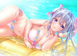Rule 34 | 1girl, absurdres, air mattress, aoba chise, aoba project, bare arms, bare shoulders, bead bracelet, beads, bikini, bracelet, breasts, cleavage, collarbone, day, hair ribbon, halterneck, halterneck, highres, jewelry, large breasts, long hair, looking at viewer, navel, outdoors, parted lips, pink ribbon, purple eyes, ribbon, sakura moyon, side-tie bikini bottom, silver hair, smile, solo, stomach, string bikini, sunlight, swimsuit, thighs, twintails, water, wet, white bikini