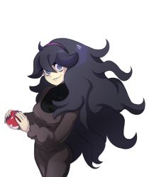 Rule 34 | 1girl, @ @, ahoge, bags under eyes, big hair, black hair, blue eyes, closed mouth, creatures (company), dress, game freak, hairband, hex maniac (pokemon), highres, long sleeves, looking at viewer, messy hair, nail polish, nintendo, poke ball, pokemon, pokemon xy, polyle, simple background, smile, solo, standing, turtleneck, white background