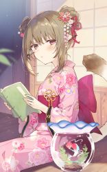 Rule 34 | 1girl, animal ears, aquaplus, blush, book, breasts, brown hair, closed mouth, double bun, fish, flower, flower on head, flower print, from side, fur, hair between eyes, hair bun, hair ornament, hair ribbon, hair up, highres, holding, holding book, incoty, indoors, japanese clothes, kimono, light particles, light rays, looking at viewer, medium hair, mole, mole under eye, nekone (utawarerumono), official art, open book, pink kimono, plant, red eyes, ribbon, sidelocks, sitting, small breasts, solo, tail, utawarerumono, utawarerumono: itsuwari no kamen, utawarerumono: lost flag, water, window, wooden floor