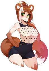 Rule 34 | 1girl, animal ears, black shorts, blunt bangs, breasts, brown fur, brown hair, colored skin, commentary, commission, cowboy shot, cropped legs, english commentary, furry, furry female, green eyes, hair bun, halphelt, hand on own hip, heart, heart print, high-waist shorts, large breasts, looking at viewer, multicolored fur, multicolored hair, original, ringed eyes, short shorts, shorts, simple background, single hair bun, smile, solo, streaked hair, tail, two-tone fur, two-tone hair, white background, white fur, white hair, white skin