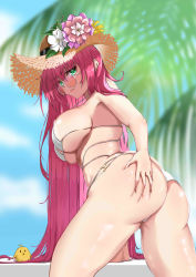 Rule 34 | 1girl, absurdres, artist request, ass, ass grab, azur lane, beach, bikini, breasts, cleavage, deep skin, flower, grabbing own ass, green eyes, hand on own ass, hat, hat flower, highres, huge ass, large breasts, lips, long hair, looking at viewer, looking over eyewear, looking over glasses, orange-tinted eyewear, orange-tinted glasses, pink-tinted eyewear, pink hair, shiny skin, shirt, sideboob, sidelocks, skindentation, smile, solo, straw hat, sun hat, sunglasses, surcouf (azur lane), surcouf (loisirs balneaires) (azur lane), swimsuit, thighs, thong bikini, tinted eyewear, two-tone swimsuit, very long hair, white bikini, white shirt