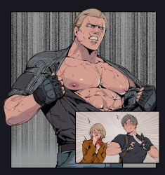 Rule 34 | 1girl, 2boys, abs, absurdres, ashley graham, bara, bare pectorals, black gloves, black shirt, blonde hair, blush, brown hair, brown jacket, clenched teeth, fingerless gloves, gloves, highres, holding, holding knife, holding weapon, jack krauser, jacket, knife, large pectorals, leon s. kennedy, male focus, multiple boys, muscular, muscular male, nipples, on (isk1812), open clothes, open shirt, pectorals, resident evil, resident evil 4, resident evil 4 (remake), scar, scar on face, shirt, short hair, teeth, weapon