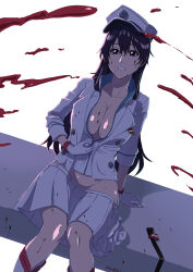 Rule 34 | 1girl, absurdres, arm support, awehu, bambietta basterbine, belt, black eyes, black hair, bleach, bleach: sennen kessen-hen, blood, blood on breasts, blood on clothes, blood on face, blood on leg, blood splatter, breasts, cleavage, clothes pull, collarbone, cropped legs, eyelashes, gloves, groin, hair between eyes, hat, heart belt, high collar, highres, jacket, large breasts, long hair, long sleeves, looking at viewer, military, military hat, military uniform, miniskirt, nose, open mouth, peaked cap, pleated skirt, sidelocks, signature, simple background, sitting, skirt, skirt pull, solo, teeth, thighs, undressing, uniform, unworn belt, wandenreich uniform, white background, white footwear, white gloves, white hat, white jacket, white skirt