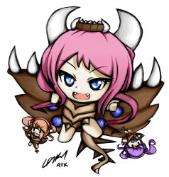 Rule 34 | 3girls, atk402, blue eyes, broodling (starcraft), broodlord (starcraft), chibi, fangs, hair bobbles, hair ornament, horns, light purple hair, multiple girls, open mouth, short twintails, simple background, smile, starcraft, tail, twintails, zerg (starcraft)