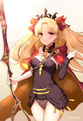 Rule 34 | 1girl, black dress, black sleeves, blonde hair, blush, cape, closed mouth, commentary request, cowboy shot, detached sleeves, dress, earrings, ereshkigal (fate), fate/grand order, fate (series), greem bang, groin, hair ribbon, hand up, highres, holding, infinity symbol, jewelry, long hair, long sleeves, multicolored cape, multicolored clothes, parted bangs, red cape, red eyes, red ribbon, ribbon, signature, single detached sleeve, skull, smile, solo, spine, tiara, two side up, very long hair, yellow cape