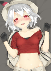 Rule 34 | 10s, 1girl, alternate eye color, alternate hair color, animal ears, black gloves, blush, breasts, bucket hat, collarbone, crop top, elbow gloves, gloves, hands up, hat, hat feather, heart, heart-shaped pupils, kaban (kemono friends), kani biimu, kemono friends, looking at viewer, lying, navel, on back, open mouth, red eyes, red shirt, shirt, short hair, short sleeves, small breasts, smile, solo, symbol-shaped pupils, teeth, v-neck, white hair