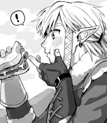 Rule 34 | !, 1boy, :t, blush, cloud, ear blush, earrings, eating, fingerless gloves, food, food bite, food on face, from side, fur collar, gloves, greyscale, hair ribbon, hair tie, hands up, holding, holding food, jewelry, link, long sleeves, male focus, monochrome, mountain, nintendo, nose blush, outdoors, pointy ears, ponytail, profile, ribbon, sandwich, shijima (4jima), short hair, sidelocks, sketch, snowquill set (zelda), solo, speech bubble, spoken exclamation mark, the legend of zelda, the legend of zelda: breath of the wild, upper body