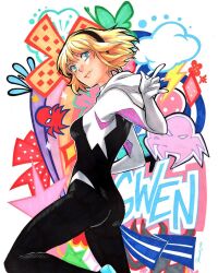 Rule 34 | 1girl, animification, ballet slippers, blonde hair, blue eyes, bodysuit, gwen stacy, hairband, hood, hooded bodysuit, marvel, multicolored bodysuit, multicolored clothes, sao (saowee), silk, solo, spider-gwen, spider web, spider web print, superhero costume, traditional media