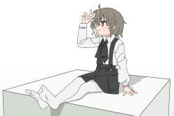 Rule 34 | 1girl, arm support, black ribbon, black skirt, brown eyes, brown hair, closed mouth, collared shirt, commentary request, crossed legs, cube, eezee56, full body, hand up, hatoba tsugu, long sleeves, looking afar, looking to the side, neck ribbon, no headwear, no shoes, pantyhose, profile, ribbon, shirt, sitting, skirt, smile, solo, suspender skirt, suspenders, tsugu (vtuber), virtual youtuber, white background, white pantyhose