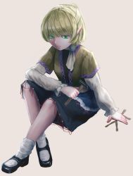 Rule 34 | 1girl, arm warmers, bad id, bad pixiv id, black footwear, black shirt, black skirt, blonde hair, breasts, brown background, brown jacket, closed mouth, commentary request, expressionless, full body, green eyes, half updo, highres, holding, invisible chair, jacket, kougekiryoku, looking at viewer, mallet, mary janes, mizuhashi parsee, multicolored clothes, multicolored jacket, pointy ears, sash, scarf, shirt, shoes, short hair, short ponytail, short sleeves, simple background, sitting, skirt, small breasts, socks, solo, straw doll, touhou, white sash, white scarf, white socks