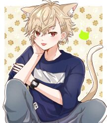 Rule 34 | 18trip, 1boy, animal ears, asako (puiu9k), blonde hair, blue shirt, cat boy, cat ears, cat tail, earrings, grey pants, hair ornament, hairclip, highres, jewelry, kurama ushio, male focus, pants, shirt, short hair, smile, solo, t-shirt, tail, tongue, tongue out, watch, wristwatch