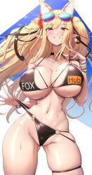 Rule 34 | 1girl, absurdres, animal ears, bare shoulders, bikini, black bikini, blonde hair, blush, bracelet, breasts, cleavage, collarbone, commission, dark elf, elf, fox ears, grin, highres, jewelry, large breasts, long hair, looking at viewer, navel, original, pointy ears, pornhub, red eyes, shiroshisu, skeb commission, smile, solo, swimsuit, thick thighs, thigh strap, thighs