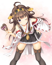 Rule 34 | 10s, 1girl, ;), bad id, bad pixiv id, bare shoulders, black thighhighs, blush, boots, breasts, brown hair, candy, chocolate, chocolate heart, detached sleeves, double bun, food, frilled skirt, frills, hair bun, hair ornament, hairband, headgear, heart, japanese clothes, kantai collection, kongou (kancolle), large breasts, long hair, masakichi (crossroad), nontraditional miko, one eye closed, open mouth, personification, ribbon-trimmed sleeves, ribbon trim, silver, skirt, smile, solo, thigh boots, thighhighs, typo, valentine, wink, zettai ryouiki