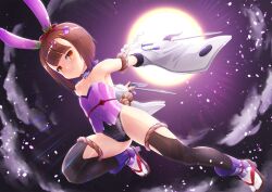 Rule 34 | 1girl, animal ears, armpits, arms up, bare shoulders, black leotard, black thighhighs, breasts, brown eyes, brown hair, choker, cloud, commission, detached sleeves, fake animal ears, flower knight girl, full moon, hagi (flower knight girl), highres, jumping, leotard, moon, moonlight, nakaishow, night, night sky, outdoors, outstretched arms, playboy bunny, rabbit ears, sandals, short hair, skeb commission, sky, small breasts, smile, socks, solo, star (sky), starry sky, tabi, thighhighs, thighs, weapon, weapon request, white sleeves, white socks, zouri