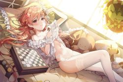Rule 34 | 1girl, bare shoulders, bed, blush, character request, chess piece, chessboard, closed mouth, collarbone, hair ornament, highres, holding, indoors, long hair, lying, midriff, navel, on back, panties, pillow, plant, potted plant, red: pride of eden, red eyes, red hair, smile, solo, star (symbol), star hair ornament, stuffed animal, stuffed toy, thighhighs, underwear, white panties, white thighhighs, window, yampa