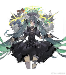 Rule 34 | 1girl, aqua hair, black dress, black eyes, black tears, bone, brain, character doll, closed mouth, cloud, commentary, cropped legs, dress, gothic lolita, hair between eyes, hatsune miku, heterochromia, holding, holding syringe, lightning bolt symbol, lolita fashion, long hair, puffy short sleeves, puffy sleeves, short sleeves, simple background, smile, solo, starshadowmagician, stitches, syringe, twintails, very long hair, vocaloid, weibo watermark, white background, wrist cuffs, yellow eyes, zombie maker (vocaloid)