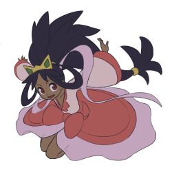 Rule 34 | 1girl, arms behind back, big hair, black hair, bow, collarbone, creatures (company), crown, dark-skinned female, dark skin, dress, female focus, flat chest, full body, game freak, highres, iris (pokemon), legs together, long hair, long sleeves, looking at viewer, low-tied long hair, nintendo, open mouth, outstretched arms, pink dress, pokemon, pokemon bw2, red eyes, reiesu (reis), shawl, simple background, smile, solo, tiara, v-neck, very long hair, waist bow, white background, white dress, wide sleeves