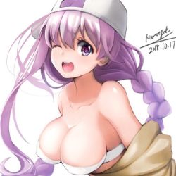 Rule 34 | 1girl, artist name, asymmetrical hair, bare shoulders, baseball cap, bb (fate), bb (fate) (all), bb (swimsuit mooncancer) (fate), bb (swimsuit mooncancer) (first ascension) (fate), bikini, bikini top only, braid, breasts, cleavage, collarbone, dated, fate/grand order, fate (series), hat, jacket, karaage bou, large breasts, long braid, long hair, looking at viewer, off shoulder, one eye closed, open mouth, purple eyes, purple hair, sideways hat, simple background, single braid, smile, solo, swimsuit, very long hair, white background, white bikini, yellow jacket