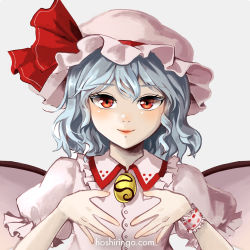 Rule 34 | 1girl, bat wings, blouse, blue hair, blush, bow, brooch, close-up, closed mouth, collared shirt, commentary request, eyelashes, frilled shirt collar, frilled sleeves, frills, happy, hat, hat ribbon, hoshiringo0902, jewelry, lips, looking at viewer, mob cap, pink hat, pink shirt, puffy short sleeves, puffy sleeves, red eyes, red ribbon, remilia scarlet, ribbon, shirt, short hair, short sleeves, smile, solo, touhou, vampire, waist bow, wavy hair, white wings, wings