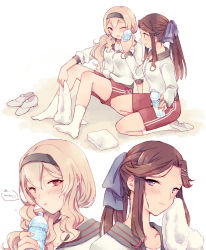 Rule 34 | 2girls, ;o, alternate hairstyle, arm on knee, arm support, blonde hair, blue bow, bottle, bottle to cheek, bow, brown hair, closed mouth, collarbone, commentary request, fingernails, flying sweatdrops, full body, gym shorts, gym uniform, hair between eyes, hair bow, hair ornament, hair over shoulder, hand up, holding, holding bottle, holding towel, jacket, kneehighs, kneeling, knees up, long hair, long sleeves, looking at another, looking to the side, low ponytail, multiple girls, multiple views, no shoes, on ground, one eye closed, open mouth, parted bangs, parted lips, pink eyes, ponytail, portrait, profile, purple eyes, red shorts, saijou claudine, shoe soles, shoes, unworn shoes, shorts, shoujo kageki revue starlight, sidelocks, sideways glance, sitting, sleeves pushed up, smile, socks, speech bubble, sweat, tendou maya, towel, track jacket, translated, v-shaped eyebrows, water bottle, wato (ko), wavy hair, white background, white footwear, white jacket, white legwear, wiping face, wiping sweat, x hair ornament, zipper pull tab