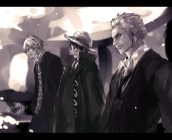 Rule 34 | 3boys, bad id, bad pixiv id, bolo tie, cigarette, copyright name, earrings, epic, facial hair, faux traditional media, formal, hair over one eye, hat, jewelry, letterboxed, looking away, male focus, monkey d. luffy, monochrome, multiple boys, necktie, one piece, one piece: strong world, polka dot, polka dot shirt, roronoa zoro, sanji (one piece), scar, serious, shirt, short hair, smoking, standing, straw hat, suit, tsuyomaru