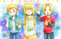 Rule 34 | 1girl, 2boys, alphonse elric, apron, black sleeves, blonde hair, blue background, blush, brothers, dress, edward elric, closed eyes, fullmetal alchemist, happy, long sleeves, looking down, looking up, multicolored background, multiple boys, open mouth, pants, purple background, red shirt, shirt, short hair, siblings, smile, star (symbol), waistcoat, white shirt, winry rockbell, yellow eyes